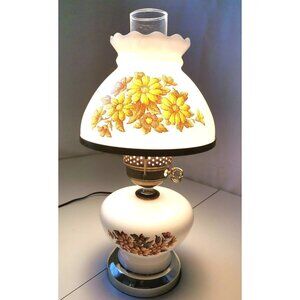 ✨ Vintage Milk Glass Electric Hurricane Parlor Table Lamp Style Yellow Floral